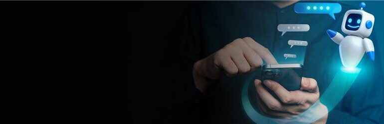 AI chatbot assistant helping a user on a smartphone in a digital mobile app environment